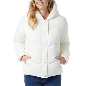 32 Degrees Women's XL White Puffer Jacket With Hood Button up   jck117